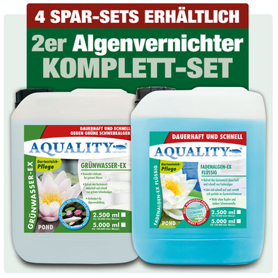 AQUALITY Algenvernichter Komplett-Sparset Gartenteich (Entfernt und vernichtet Fadenalgen, Schwebealgen, Grünalgen und befreit den Teich von grünem Wasser dauerhaft)
