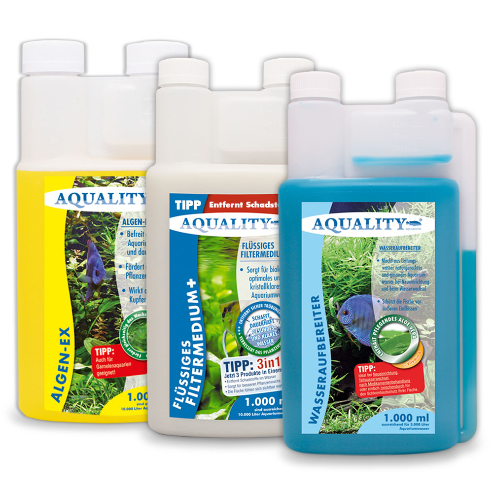 AQUALITY 3er Starter- & Pflege-Sparset - Algen-EX - Filtermedium- Wasseraufbereiter