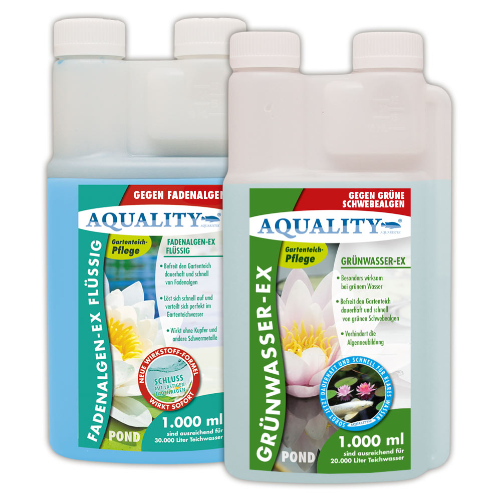 AQUALITY Algenvernichter Komplett-Sparset Gartenteich (Entfernt und vernichtet Fadenalgen, Schwebealgen, Grünalgen und befreit den Teich von grünem Wasser dauerhaft)