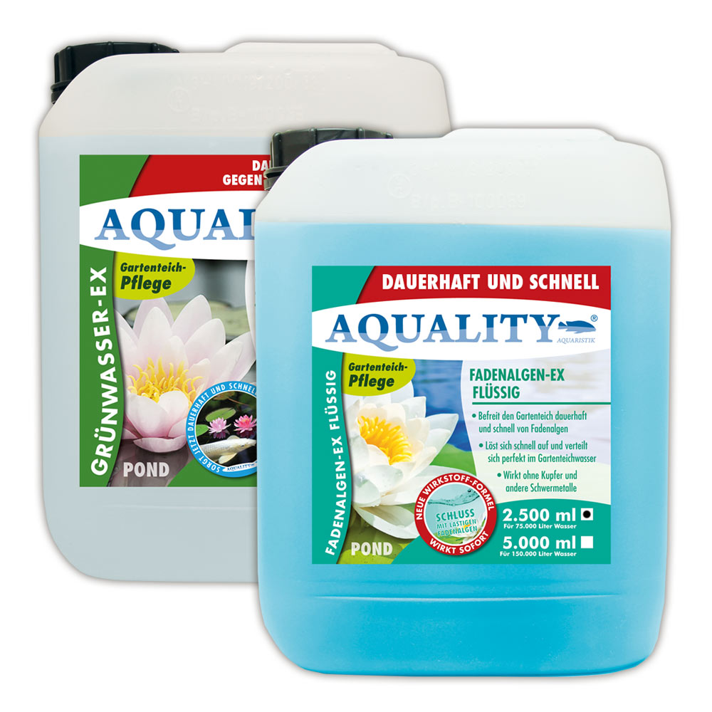 AQUALITY Algenvernichter Komplett-Sparset Gartenteich (Entfernt und vernichtet Fadenalgen, Schwebealgen, Grünalgen und befreit den Teich von grünem Wasser dauerhaft)