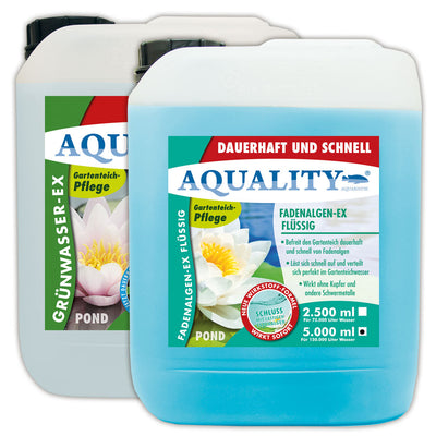 AQUALITY Algenvernichter Komplett-Sparset Gartenteich (Entfernt und vernichtet Fadenalgen, Schwebealgen, Grünalgen und befreit den Teich von grünem Wasser dauerhaft)
