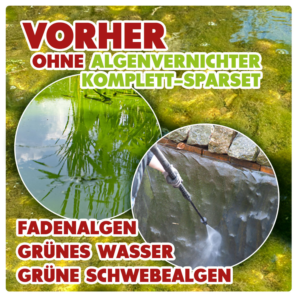 AQUALITY Algenvernichter Komplett-Sparset Gartenteich (Entfernt und vernichtet Fadenalgen, Schwebealgen, Grünalgen und befreit den Teich von grünem Wasser dauerhaft)